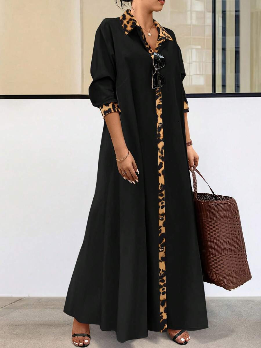 SHEIN Relaxiva Plus Size Long Sleeve Chic Casual Leopard Print Color Block Soft Dress Maxi Women ... | SHEIN