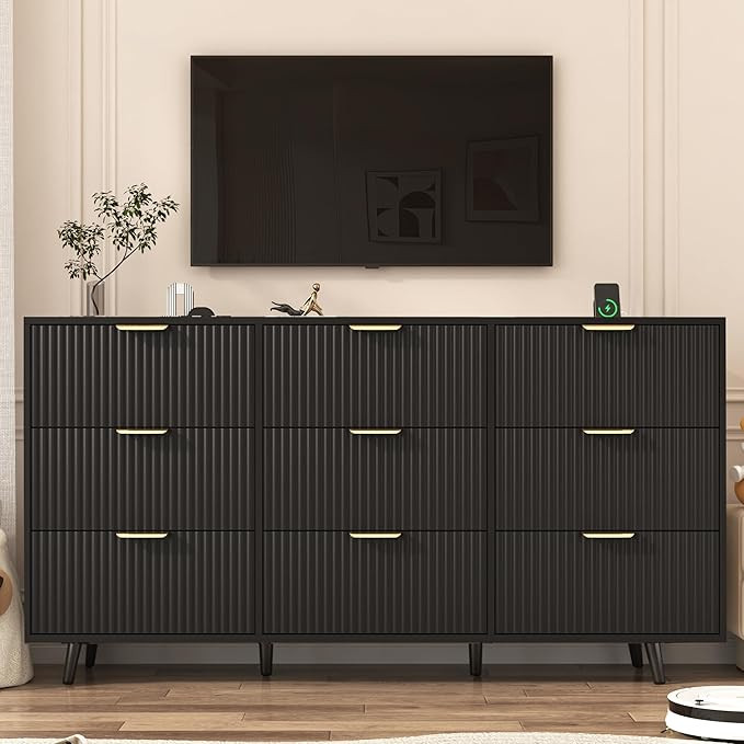 Black Dresser with Power Outlets for Bedroom, Modern Fluted 9 Drawer Dresser with Charging Statio... | Amazon (US)
