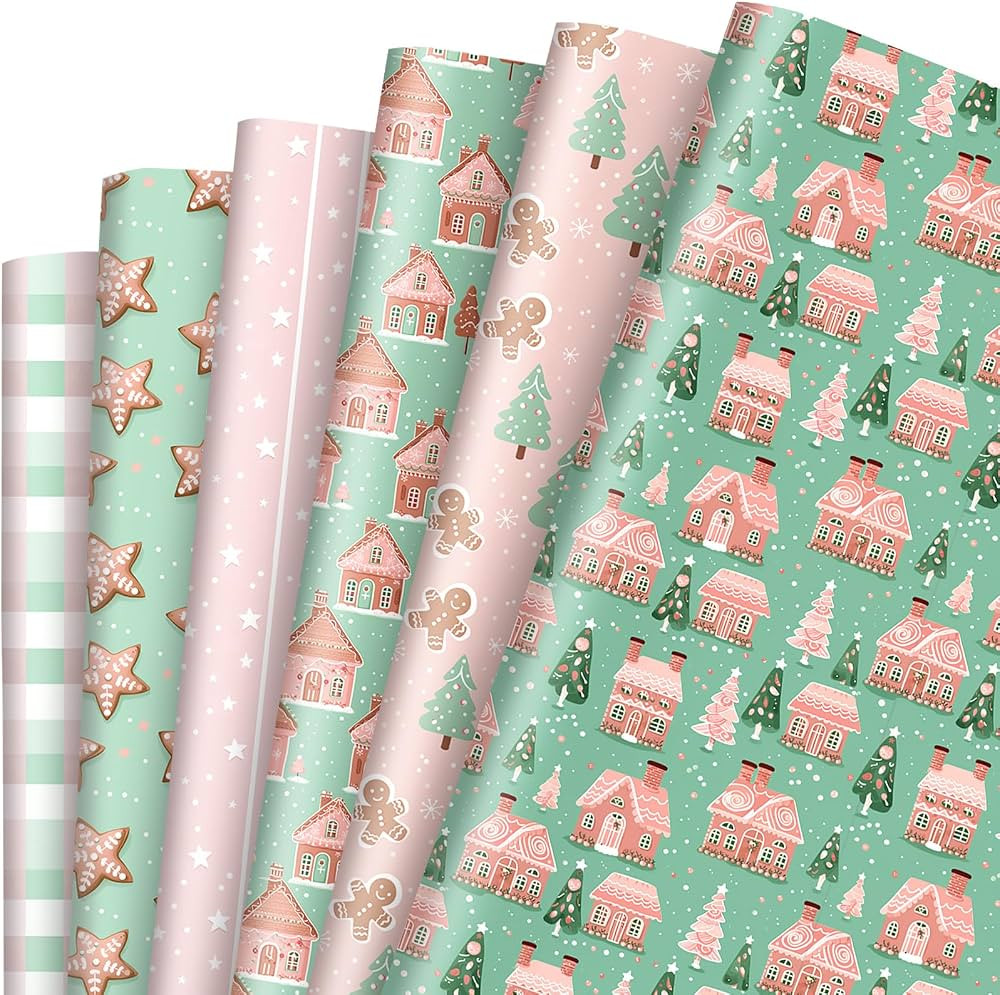 JarThenaAMCS 12 Sheets Christmas Wrapping Paper -Not Roll- Xmas Tree Gingerbread Man Star Gift Wr... | Amazon (US)