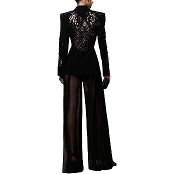 Women's Designer Suit Set Female Gauze Patchwork Sequins Beaded Blazer Chiffon Pants 2cs Set for ... | Amazon (US)