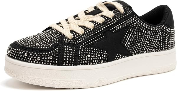 Niluber Star Sneakers for Women Low Top Comfortable Cushioned White Gold Sliver Leopard Platform Sneakers Lace Up Red Glitter Platform Party Shoes | Amazon (US)