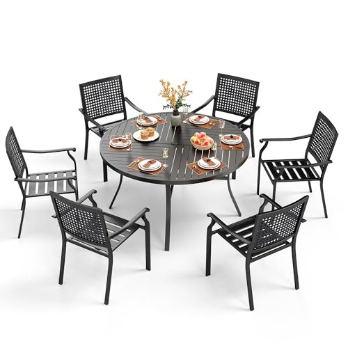PHI VILLA 7 Pieces Outdoor Round Dining Set for 6, Large Wrought Iron Dining Table with Umbrella ... | Amazon (US)