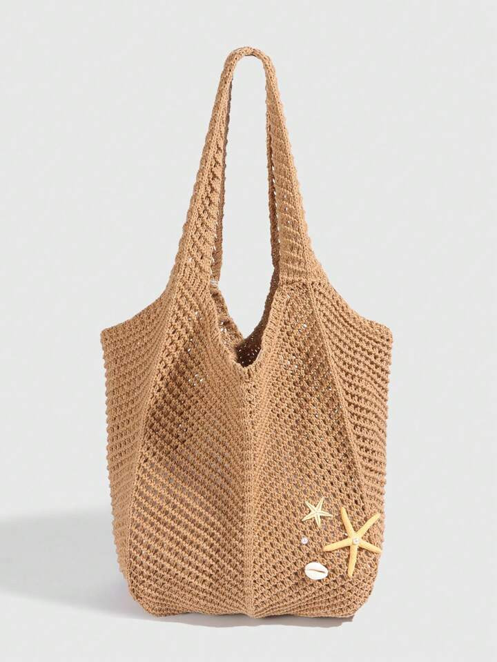 ROMWE Fairycore 1 Pieza Bolso De Tote De Hombro De Tejido Beige Con Estrellas De Mar Y Conchas Marinas, Estilo Vacacional De Playa Tropical, De Gran Capacidad, Para Mujeres | SHEIN
