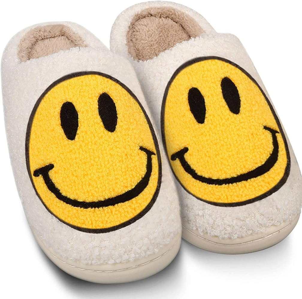Smiley Face Slippers,Retro Soft Plush Lightweight House Slippers Slip-on Cozy Indoor Outdoor S... | Amazon (US)