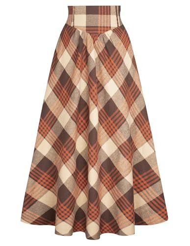 Plaid Skirts for Women High Waisted A Line Fall Long Skirt with Pockets Deep Brown S | Amazon (US)