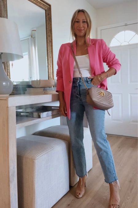Spring date night outfit pink blazer jeans nude heels girls night out going out top