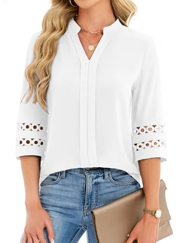 Funlingo 3/4 Length Sleeve Womens Tops V Neck Dressy Casual Blouses Lace Tunic Pleated Work Shirts Business Casual Outfits 2026 White L | Amazon (US)