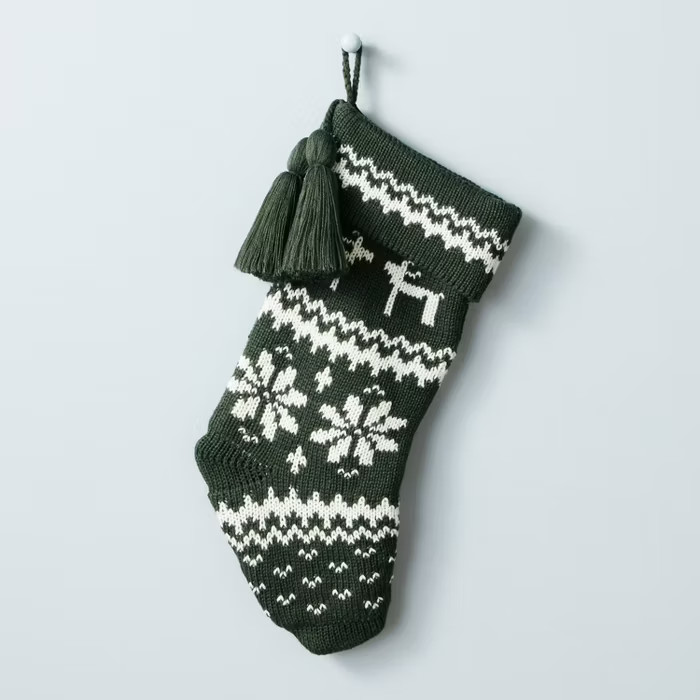 Reindeer & Snowflake Knit Tassels Stocking Dark Green/Cream - Hearth & Hand™ with M... | Target