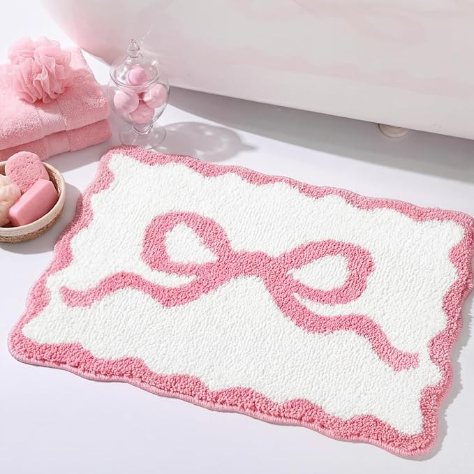 Tinideya Pink Bow Bathroom Rug 16" x 24" Scalloped Bow Bath Mat Non Slip Cute Coquette Aesthetic ... | Amazon (US)