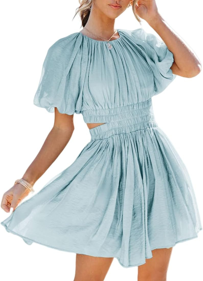 AlvaQ Women Summer Crewneck Cut Out Dresses Casual Puff Sleeve Swing A Line Short Mini Dress with... | Amazon (US)