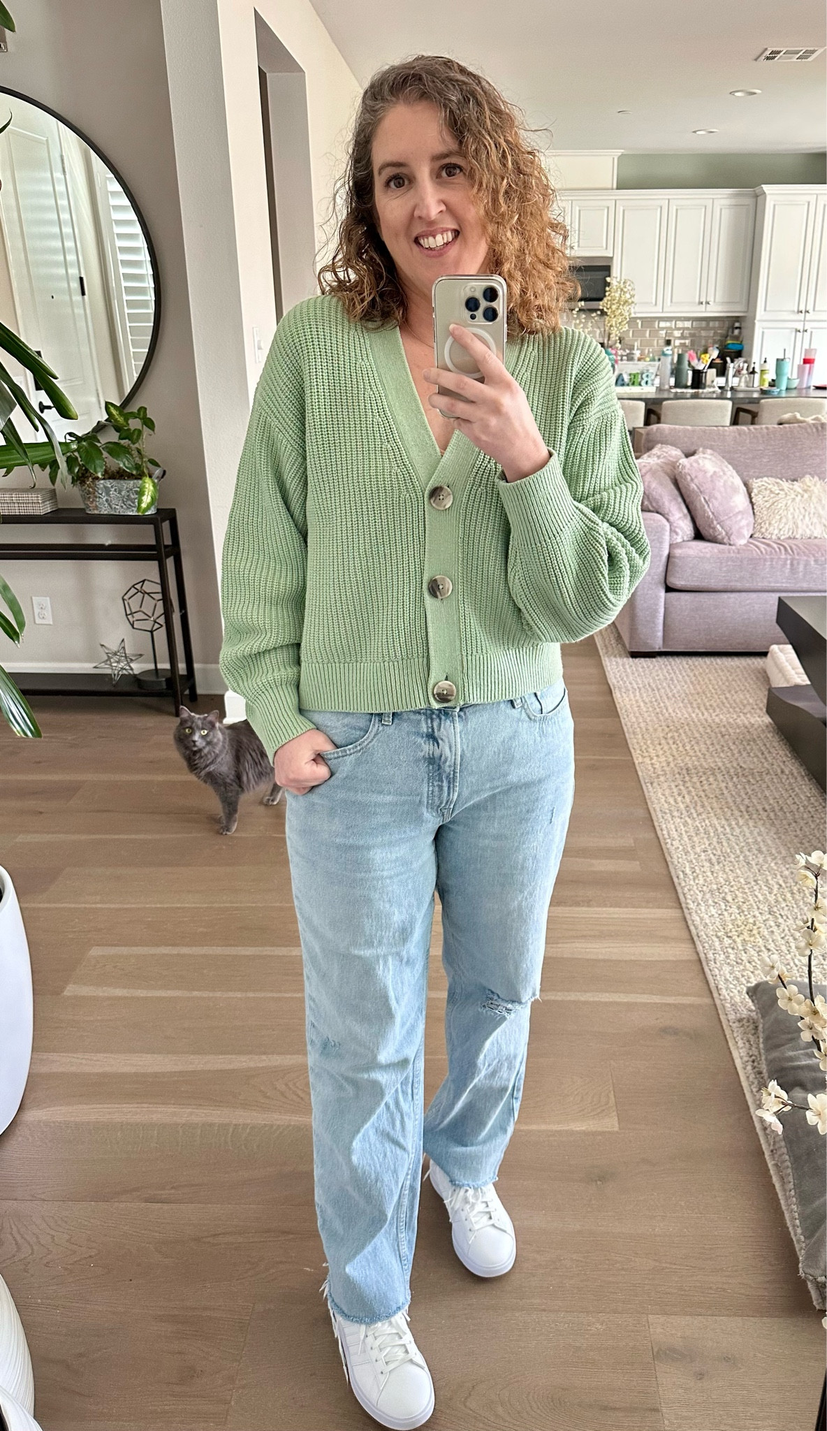 Wearing a medium in the sweater, it is a bit more cropped and I actually love it. My jeans are a size 10, run TTS and are only $32! Absolutely blow away by these. 😍

These sneakers are a great closet staple, easy to clean and stay really white. Wearing a 7.5, my normal 8 was too wide in these, just fyi. 

Green sweater H&M fashion spring outfit white sneakers closet staples midsize outfit inspo mom style affordable but cute good basics

#LTKfit #LTKstyletip #LTKshoecrush