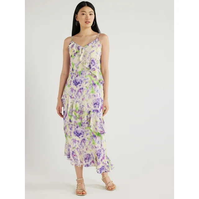 Scoop Women’s Ruffle Slip Bias Cut Dress, Sizes XS-XXL - Walmart.com | Walmart (US)