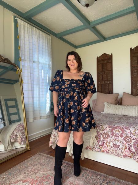 A fall bump friendly midsize outfit!! A dream summer to fall transition dress from Abercrombie in linen! The texture is so fall. Size large  And so is the pattern. Wearing my old target knee high wide calf boots but I’ll link similar ones!

#LTKmidsize #LTKbump #LTKSeasonal