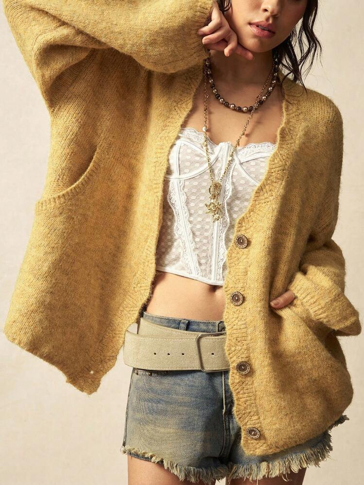 Bohemela Boho Autumn/Winter Women's Oversize Solid Color Yellow Versatile Minimalist Long Sleeve Open Fuzzy Vintage Loose Knit Cardigan, Western Country Style Concert Vacation, Suitable For Vacation & Daily Wear & Back To School & Going Out Wear, Halloween, Christmas, New Year Clothes ,Fall/Winter/Spring | SHEIN