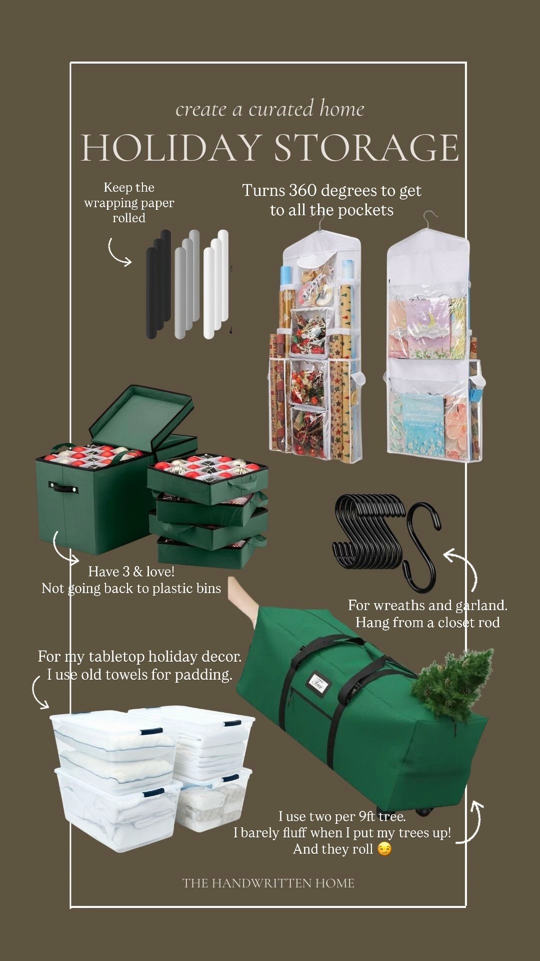 Holiday decor storage
These are the pieces I’ve used for years

A little explanation for the wreaths and garland with S hooks…we hung a closet rod from the floor joists in our basement. I hang each garland from one S hook so it hangs straight down. This has dramatically preserved the life of my wreaths and garland. I have less pieces falling out year after year bc they aren’t a squished in a tub.

I don’t use the wreath bags but many people prefer them. I instead hang my wreaths with my garlands 

#LTKHoliday #LTKHome #LTKFindsUnder50