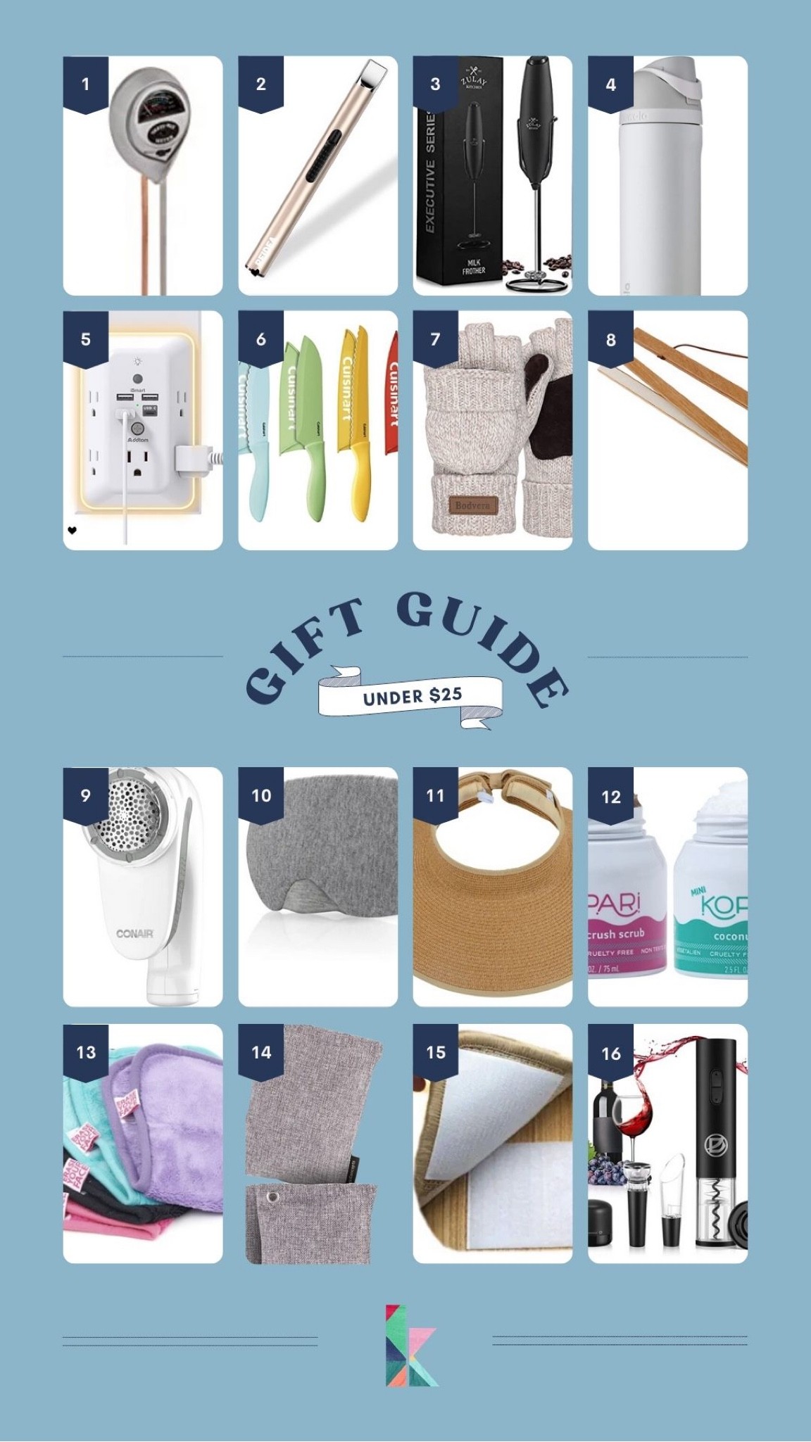 Amazon, gift guide, under 25, wine lover, gadget, Kopari, knife set, milk frother, candle lighter 

#LTKHoliday #LTKhome #LTKunder50