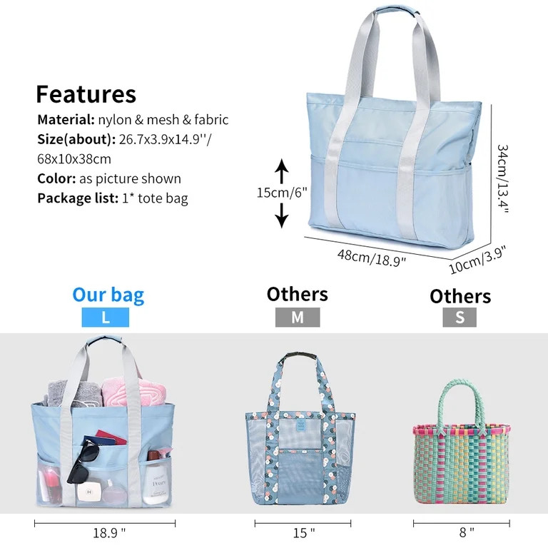 Mesh Beach Bag for Women | Large Lightweight Waterproof Sandproof Beach Tote Bags with 8 Side Poc... | Walmart (US)