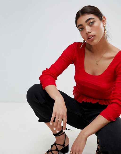 Lost Ink Long Sleeve Crop Top With Frill Hem In Smocked Stripes | ASOS US
