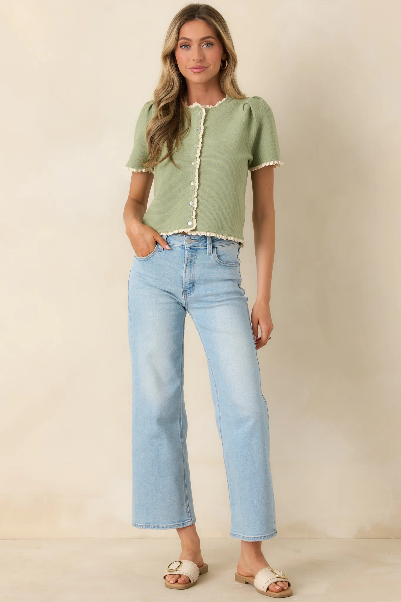 Like a Dream Light Green Knit Lace Trim Button Front Top | Red Dress