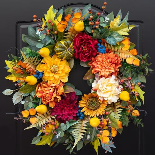 24 Inch Fall Wreaths for Front Door– Autumn Harvest Wreath with Sunflower Pumpkin Peony Dahlia ... | Amazon (US)