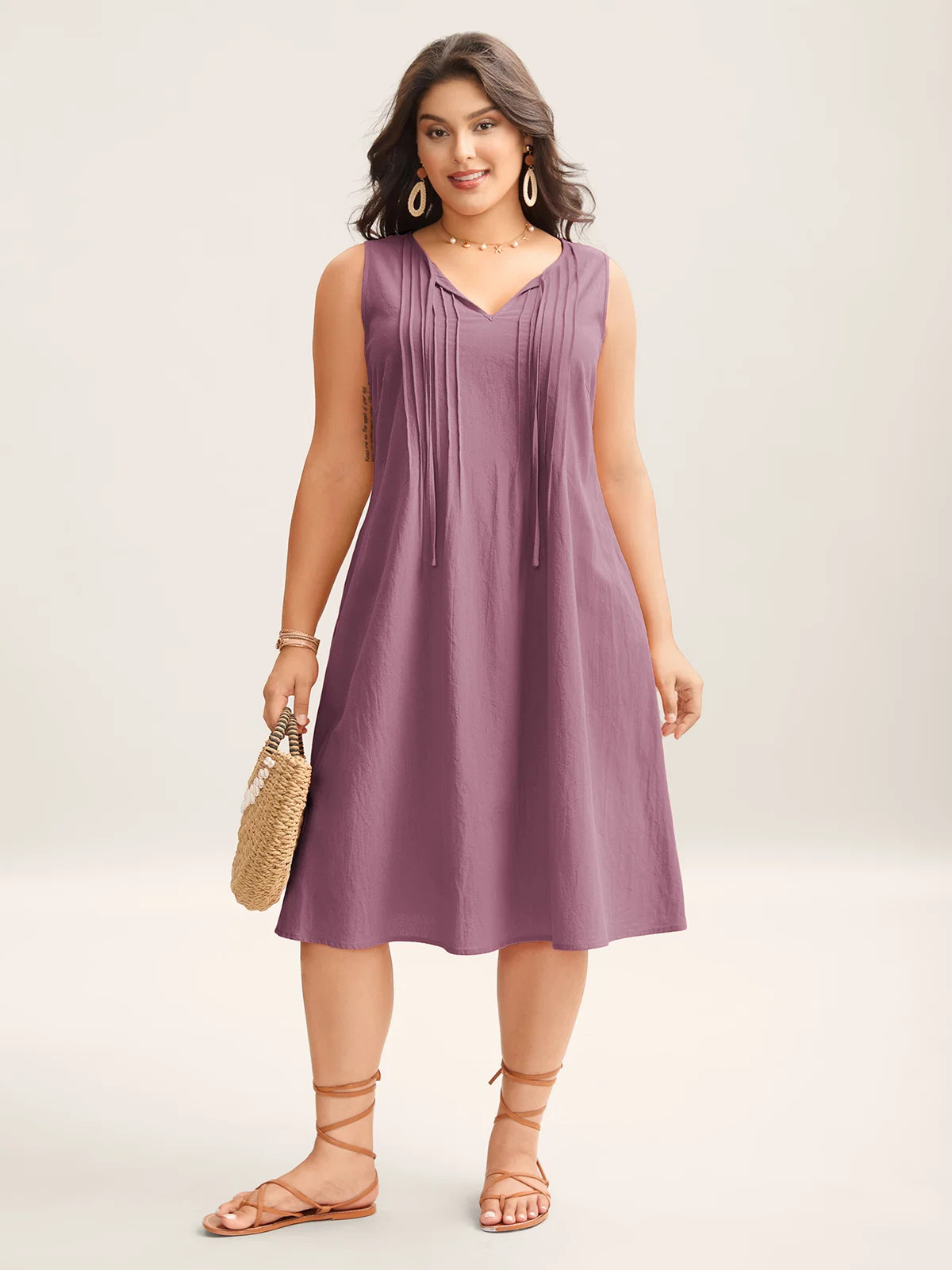 Cotton Toothpick Pleat Plain Midi Dress | Bloomchic