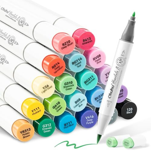 Ohuhu Alcohol Markers Brush Tip, Double Tipped Alcohol Based Art Marker Set for Artist Sketching Adult Coloring Illustration - 24 Basic Colors w/ 1 Colorless Blender - Brush & Fine - Honolulu B | Amazon (US)