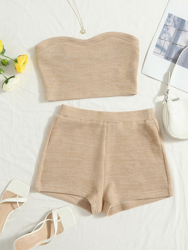 SHEIN WYWH WYWH  Women Vacation  Ribbed Knit Tube  Top & Biker Khaki Shorts | SHEIN
