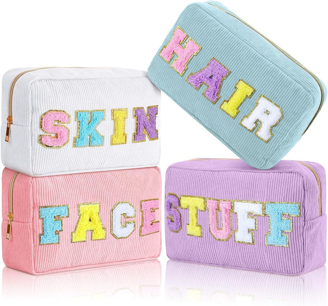 Pinkunn 4 Pcs Preppy Makeup Bags Christmas Gift Chenille Letter Patch Bag Face Skin Hair Stuff Co... | Amazon (US)