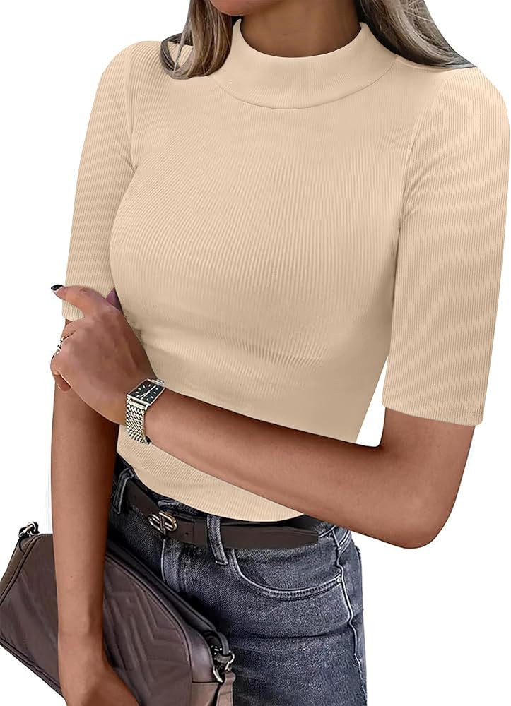 ANRABESS Womens Basic Ribbed Tee, Mock Neck Half Sleeve, Soft Comfort for Office & Casual Outings... | Amazon (US)