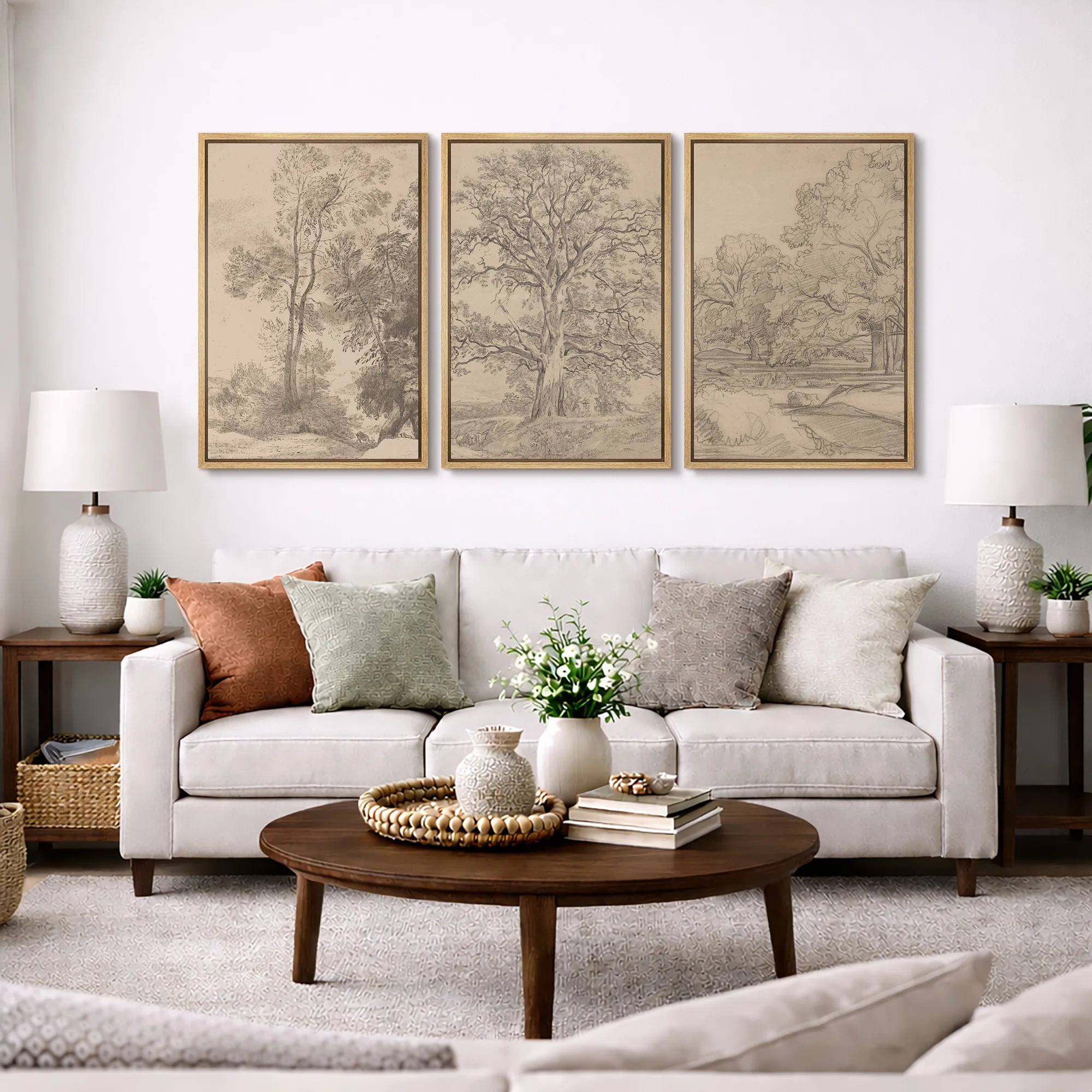 Rustic Countryside " Vintage Forest Tree Sketch Landscape Pictures, Modern Farmhouse Living Room ... | Wayfair North America