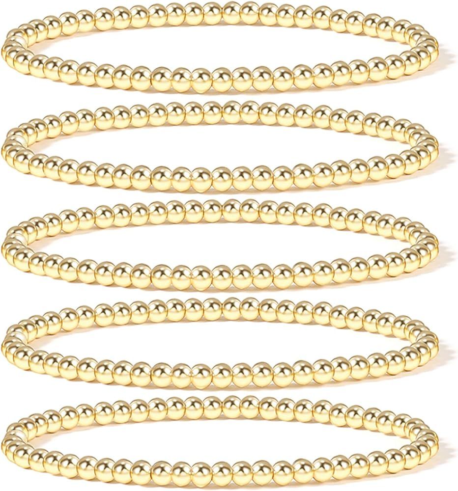 Amazon.com: Gold Bead Bracelet Stretchable Elastic Layered Gold Beaded Bracelets For Women Trendy... | Amazon (US)