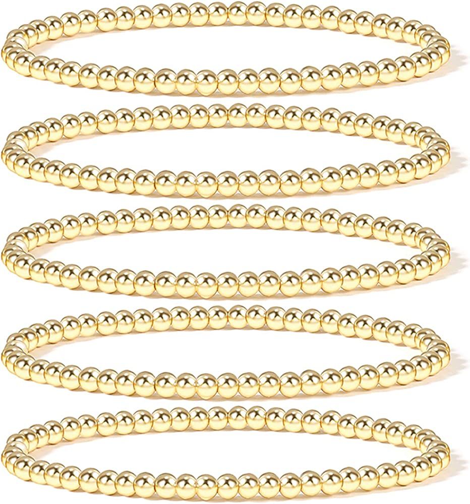 14K Gold Plated Bead Ball Bracelet Stretchable Elastic Gold Beaded Bracelets for Women | Amazon (US)