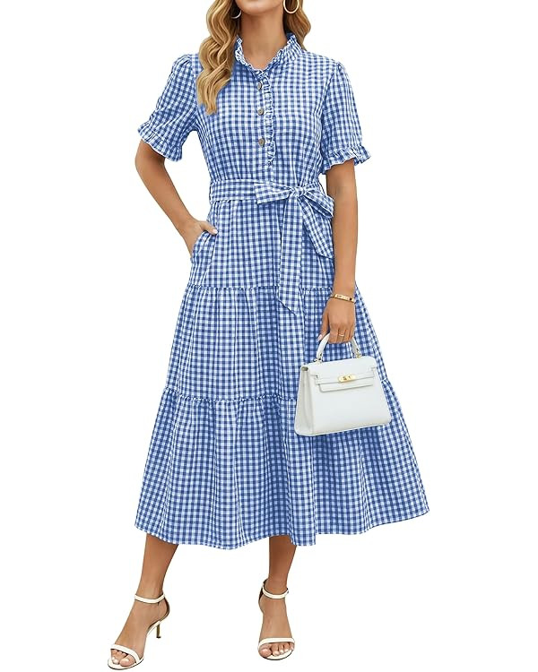 Womens Striped Summer Dress Elegant Ruffled Sleeve Button Down Tie Waist Maxi Shirt Dresses | Amazon (US)