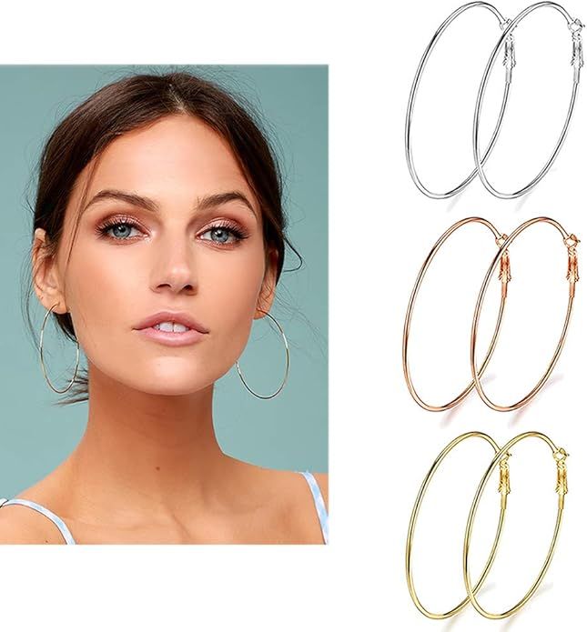 3 Pairs Big Hoop Earrings, Stainless Steel Hoop Earrings in Gold Plated Rose Gold Plated Silver f... | Amazon (US)
