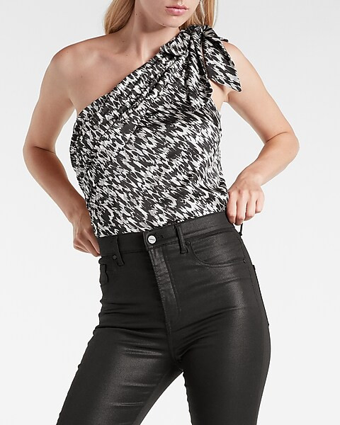 Abstract Print Satin One Shoulder Tie Thong Bodysuit | Express