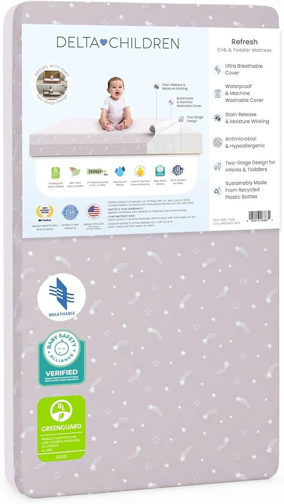 Delta Children Refresh 2-Stage Crib and Toddler Mattress - Breathable Cover and Core - Machine Wa... | Amazon (US)