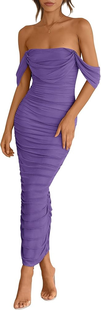PRETTYGARDEN Womens 2026 Summer Off The Shoulder Dress Ruched Bodycon Sleeveless Split Cocktail P... | Amazon (US)