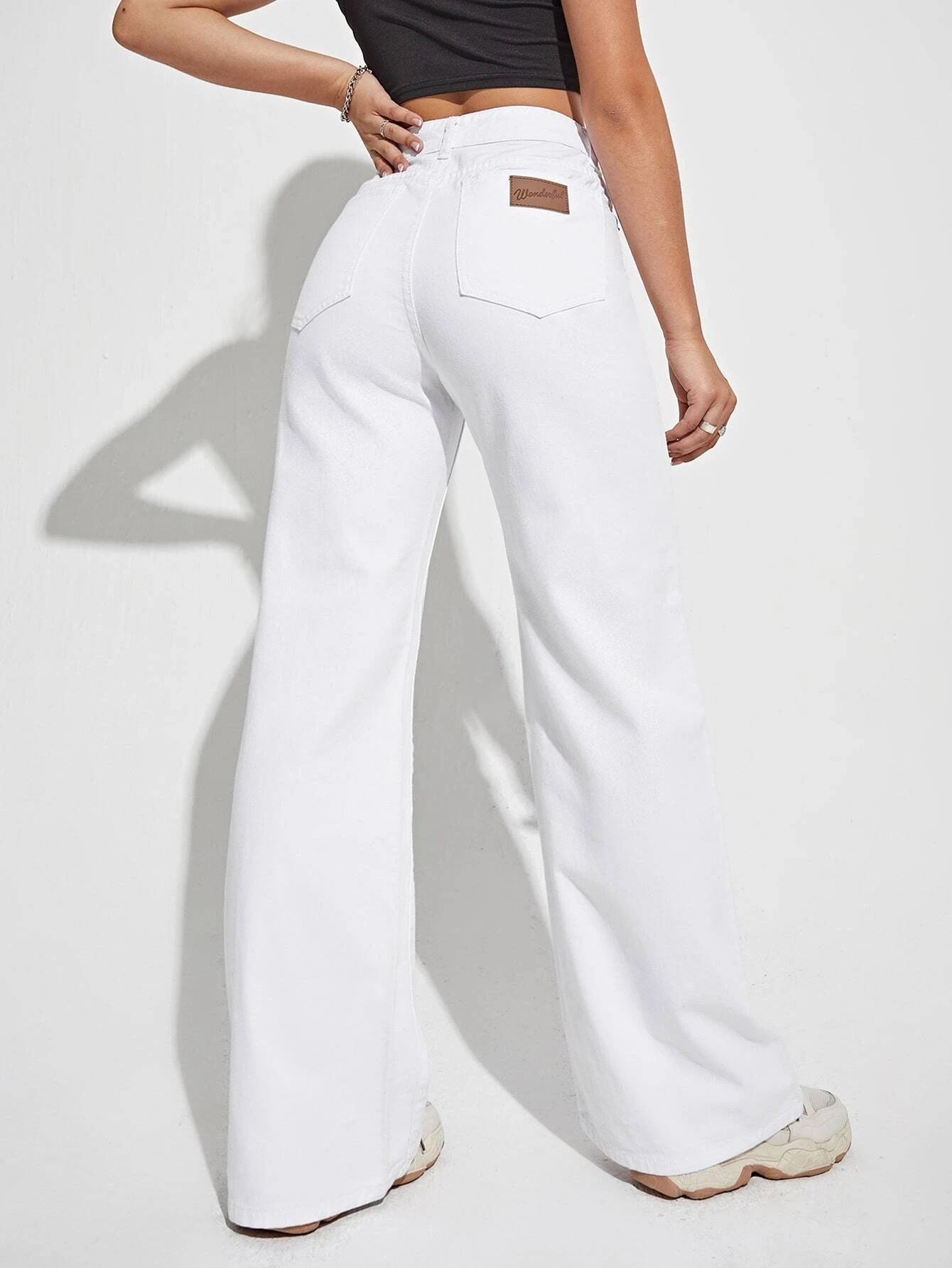 High Waist Patched Detail Wide Leg Pants | SHEIN