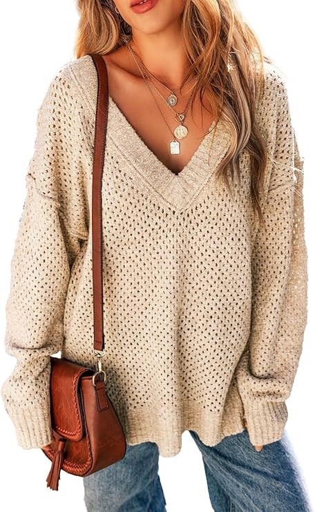 EVALESS Sweaters for Women 2024 Fall Winter Long Sleeve V Neck Crochet Sweater Hollow Out Knitwea... | Amazon (US)