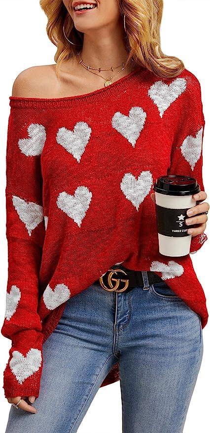 Tutorutor Womens Cute Love Heart Print Sweaters Oversized Off The Shoulder Loose Knitted Valentin... | Amazon (US)