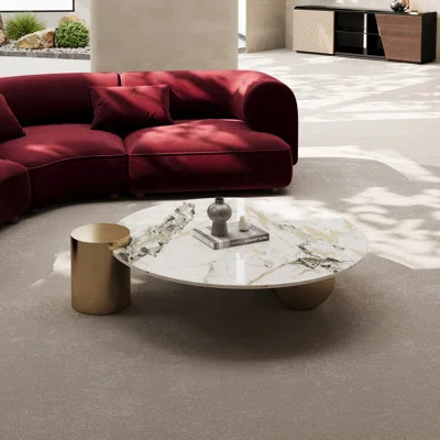 39" Round Stone Coffee Table with Metal Cylinder Legs - Modern Luxury, Space-Saving Design | Wayfair North America