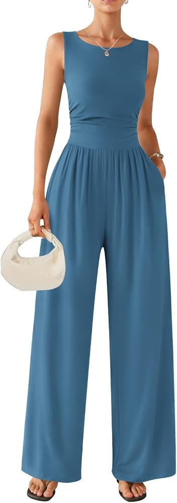 Ekouaer Jumpsuits for Women One Piece Jumpsuit Wide Leg Sleeveless Crewneck Casual Womens Romper ... | Amazon (US)