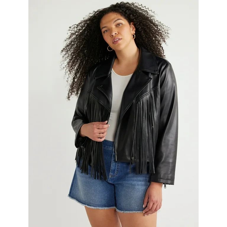 Sofia Jeans Women's Plus Size Faux Leather Asymmetrical Zip Cropped Fringe Jacket, Sizes 1X-5X | Walmart (US)