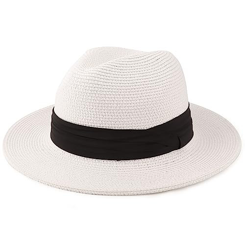 DRESHOW Women Straw Panama Hat Fedora Beach Sun Hat Wide Brim Straw Roll up Hat UPF 50+ | Amazon (US)