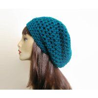 Teal Slouch Beanie Crochet Hat Women's Hat Blue Slouchy Beret Turquoise Knit | Etsy (US)