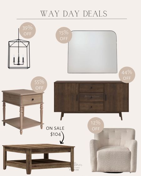 Way Day Deals 
Large mantel arched mirror / upholstered swivel accent chair / sideboard / coffee table / end table with storage / square/rectangle chandelier 

#LTKHome #LTKSaleAlert