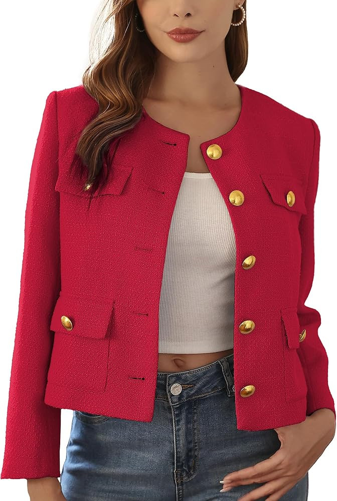 M.Infisavo 2025 Women Tweed Jacket Cropped Blazers Fall Winter Elegant Round Neck Pockets Busines... | Amazon (US)