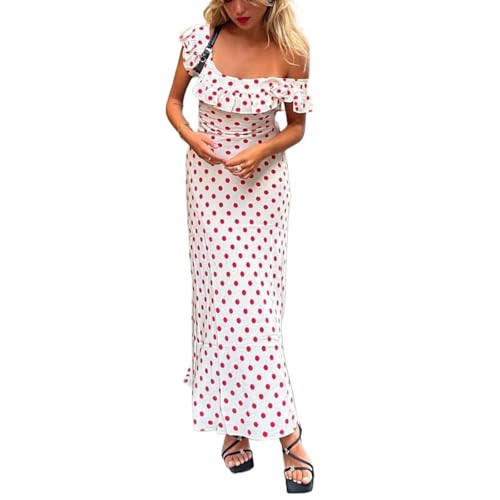 TYATVS Red Polka Dot Maxi Dress for Women Off The Shoulder Maxi Dress Sexy Ruffle Dress Y2k Sundress (S,Small) | Amazon (US)