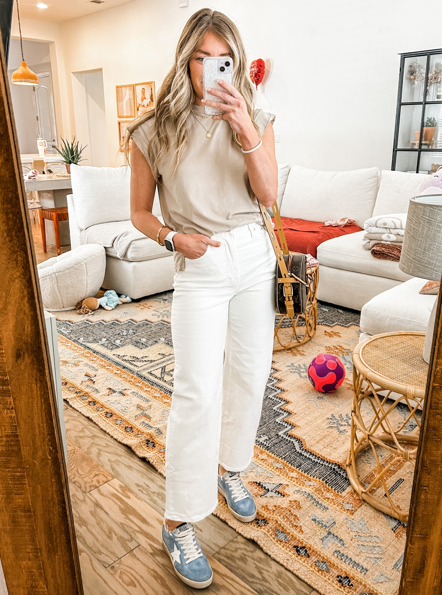 spring day outfit - white wide leg pants, light blue sneakers, $10 extended shoulder tee, gold layered jewelry. spring casual 

#LTKsalealert #LTKunder100 #LTKstyletip