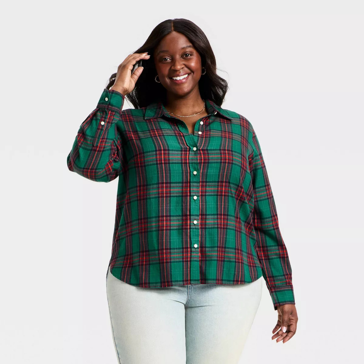 Women's Long Sleeve Collared Flannel Button-Down Shirt - Universal Thread™ Green Plaid 1X | Target